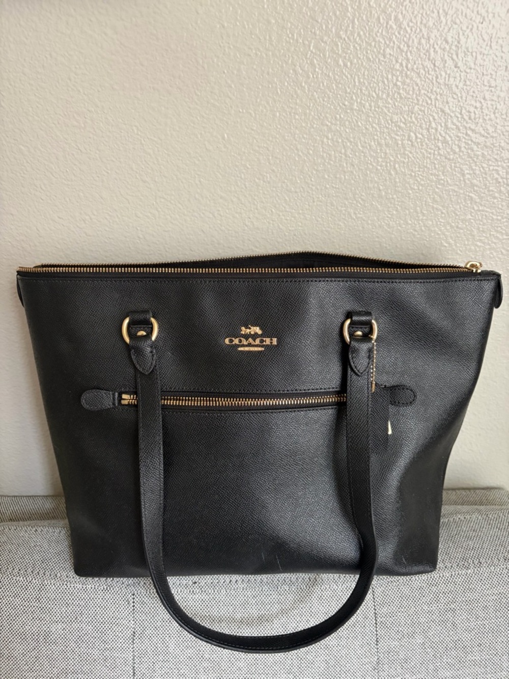 Coach Black Leather Tote with Gold-Tone Logo